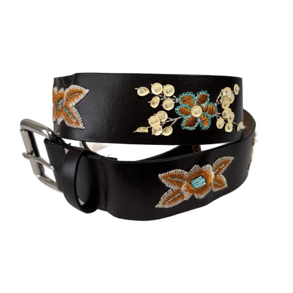 Sonoma Women's Sz L Dark Brown Floral Embroidered Embellished Belt - Picture 4 of 5